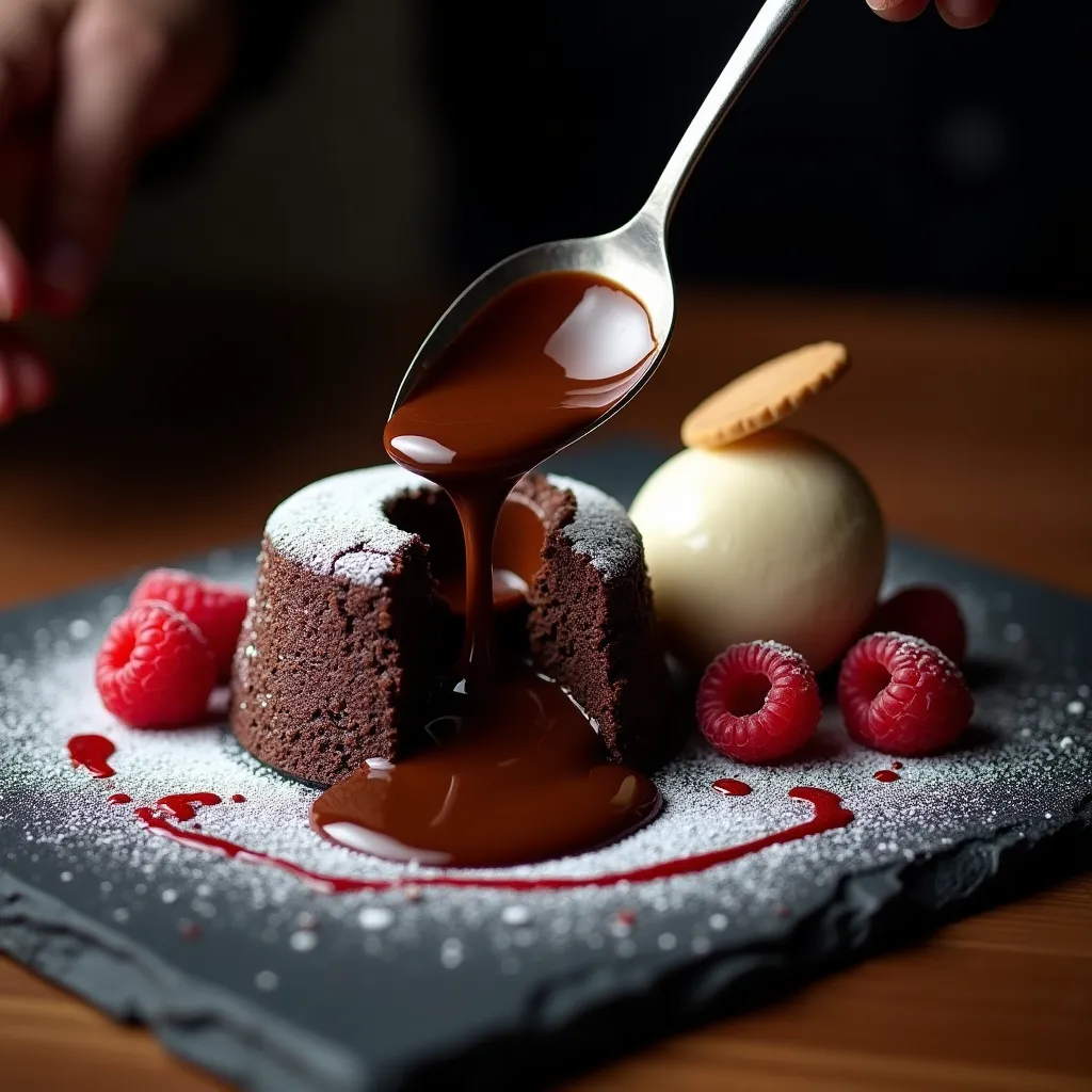 Molten Chocolate Lava Cake Cut Open - AI generated Food & Drinks image (chocolate, lava cake, dessert)
