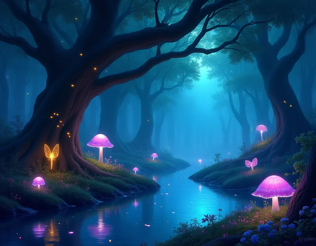 Enchanted Bioluminescent Forest - AI generated Fantasy & Sci-Fi image (enchanted, forest, bioluminescent)