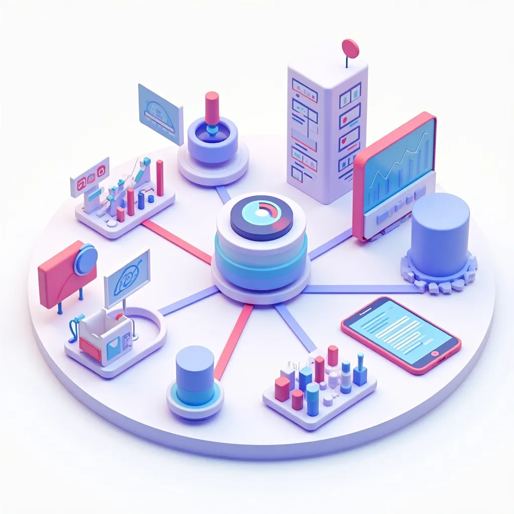 Digital Marketing Ecosystem 3D - AI generated Business & Marketing image (marketing, 3d illustration, isometric)