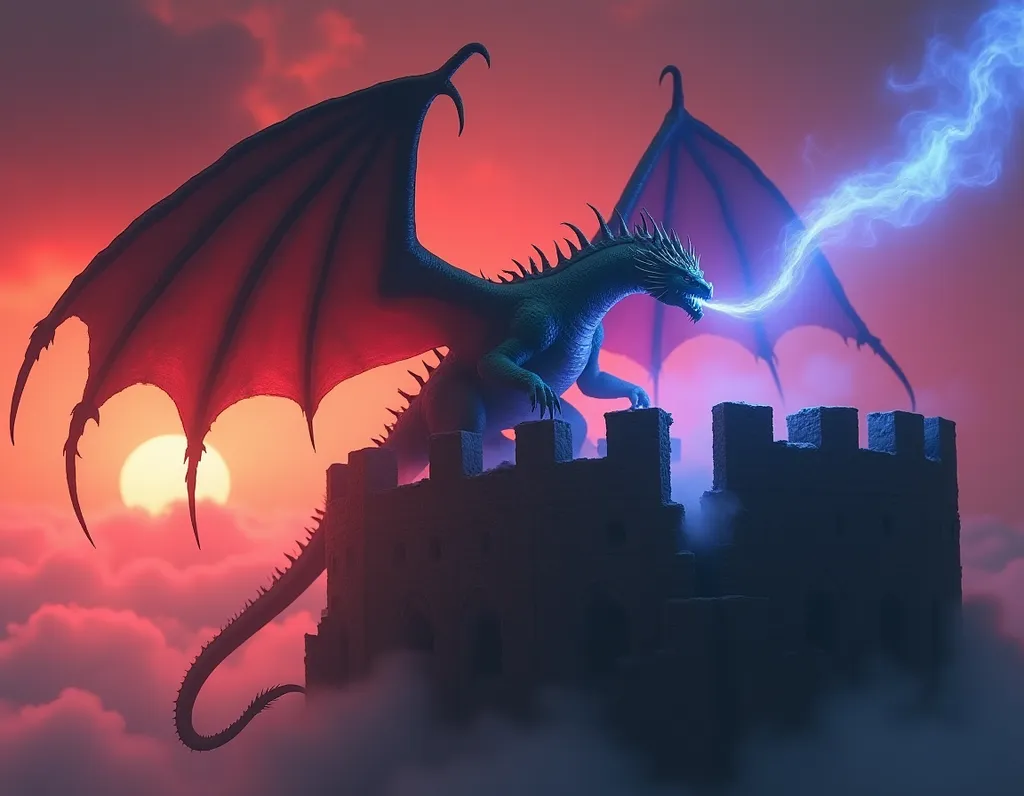 Dragon Perched on Castle Tower - AI generated Fantasy & Sci-Fi image (dragon, fantasy, castle)