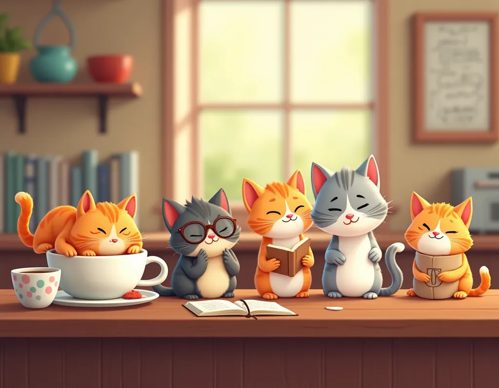 Cute Cartoon Cat Cafe Scene - AI generated Anime & Cartoon image (cartoon, cats, cute)