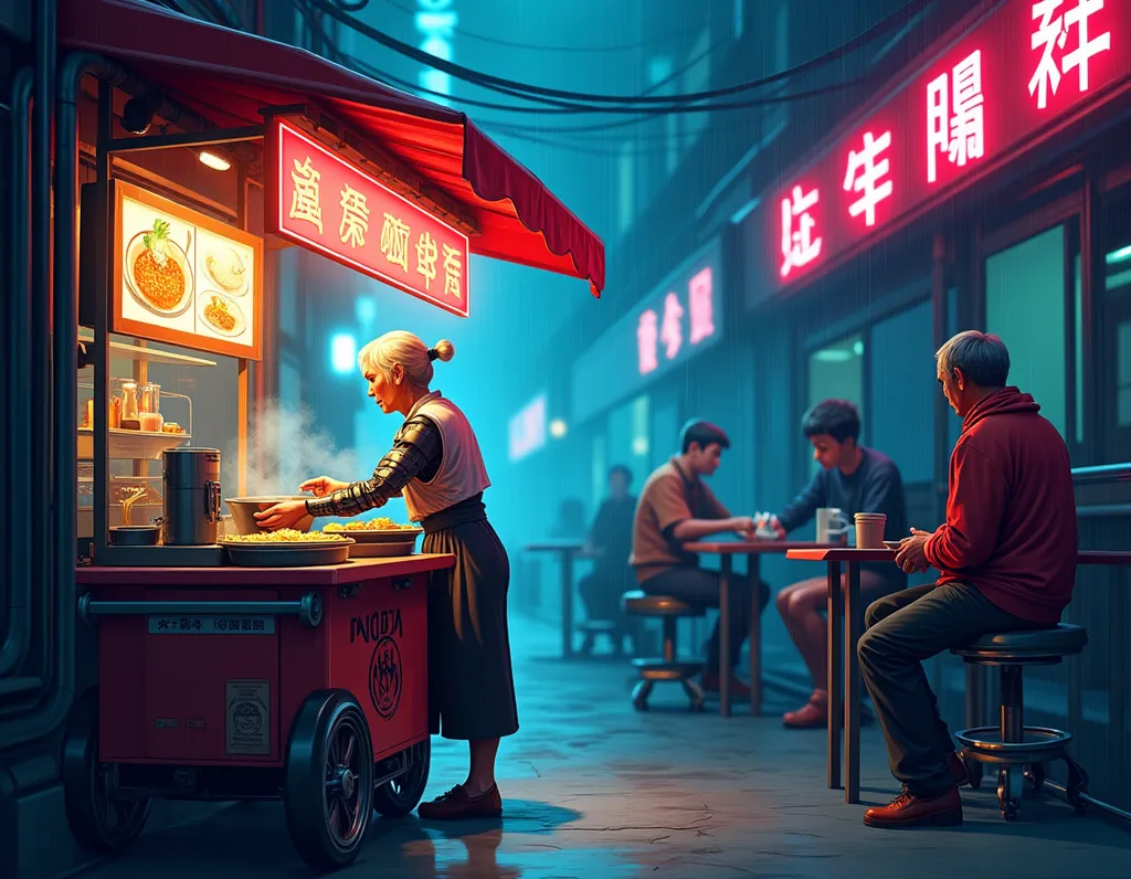 Cyberpunk Ramen Street Vendor - AI generated Fantasy & Sci-Fi image (cyberpunk, ramen, street food)
