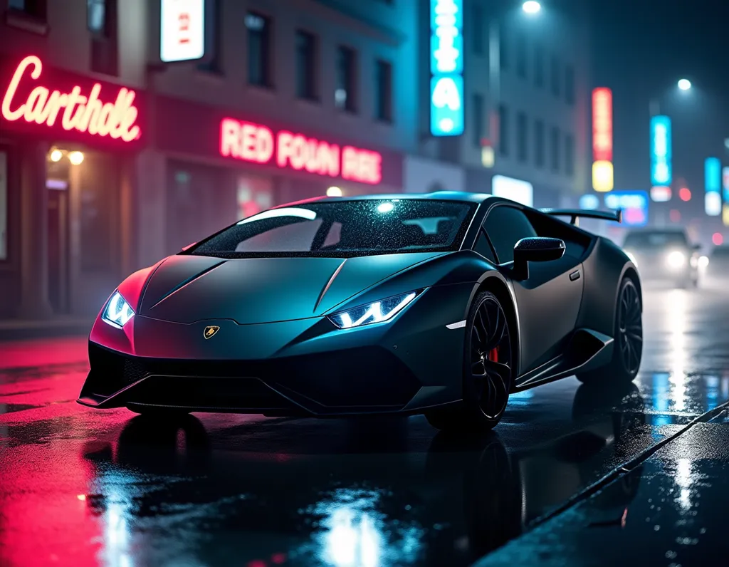 Lamborghini on Rainy Night Street - AI generated Vehicles & Transportation image (lamborghini, supercar, night)