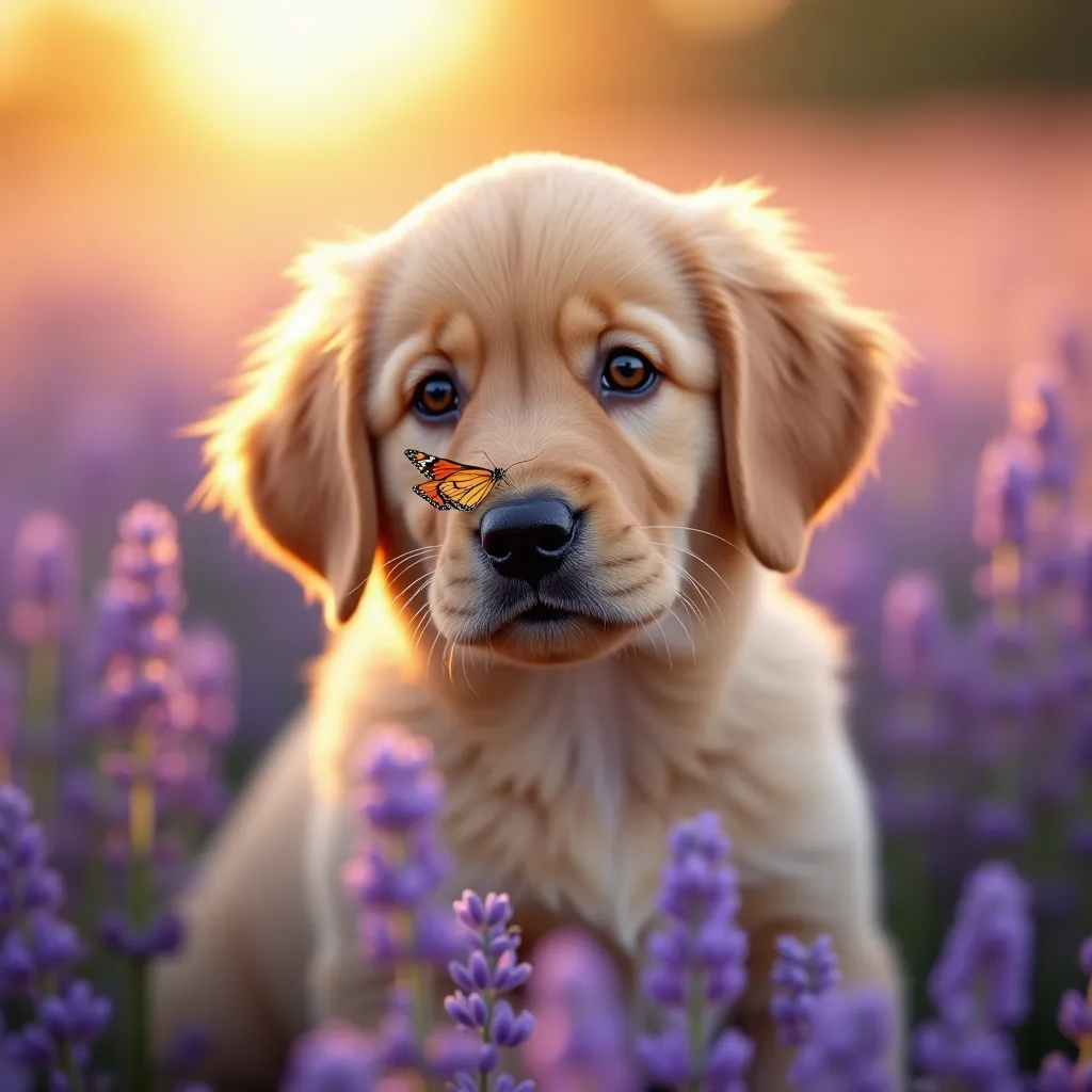 Golden Retriever Puppy in Lavender Field - AI generated Animals & Pets image (puppy, golden retriever, cute)