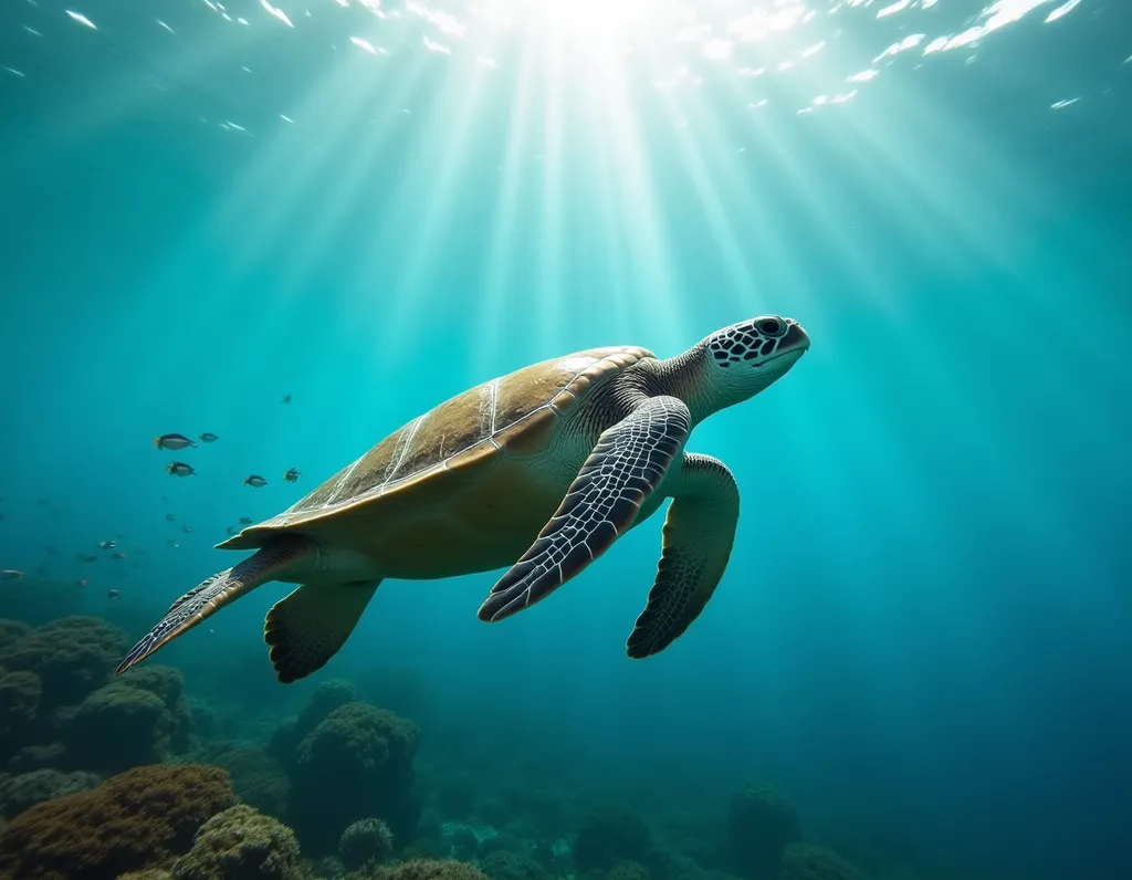 Sea Turtle Gliding Through Ocean - AI generated Animals & Pets image (sea turtle, ocean, underwater)