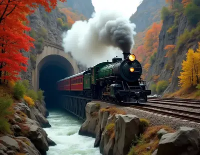 Steam Train Through Autumn Mountains