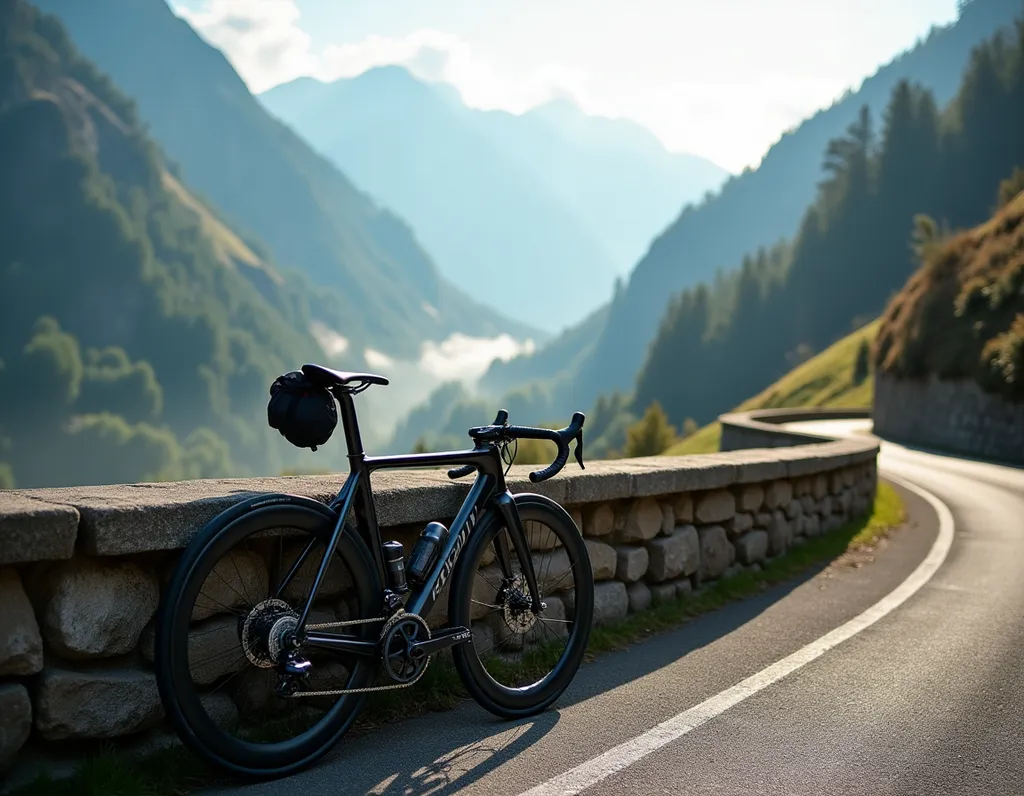 Racing Bicycle on Alpine Mountain Road - AI generated Vehicles & Transportation image (bicycle, cycling, alps)