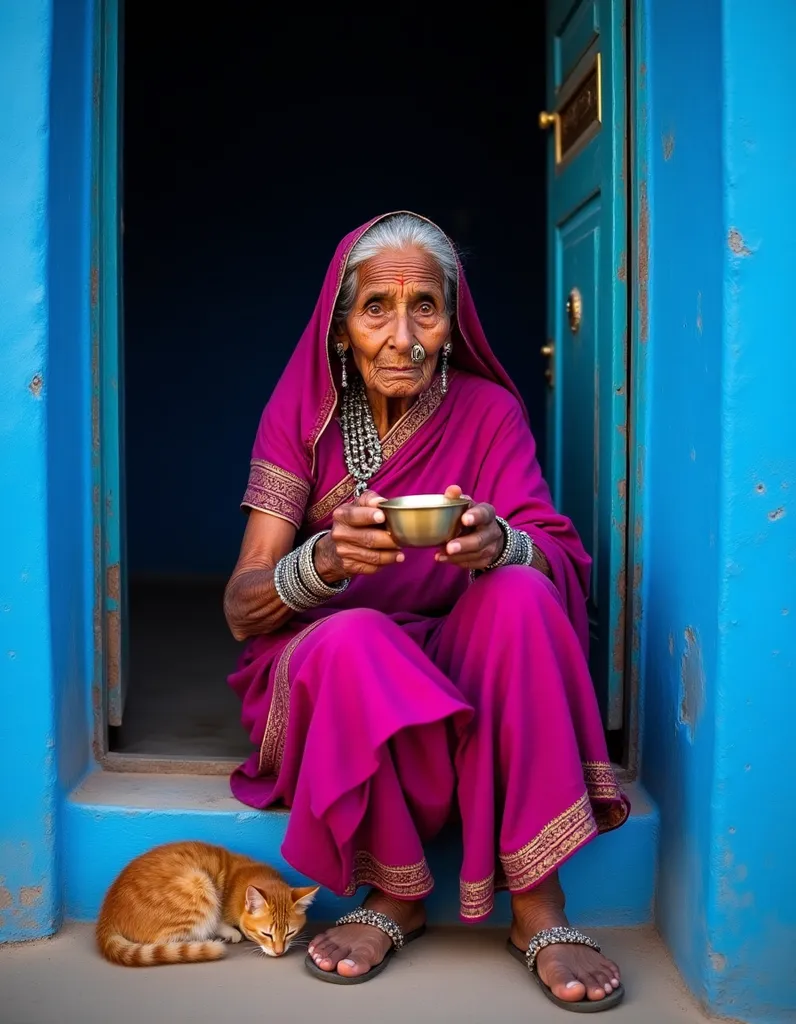 Rajasthani Woman Blue House Jodhpur - AI generated People & Portraits image (rajasthani, india, portrait)