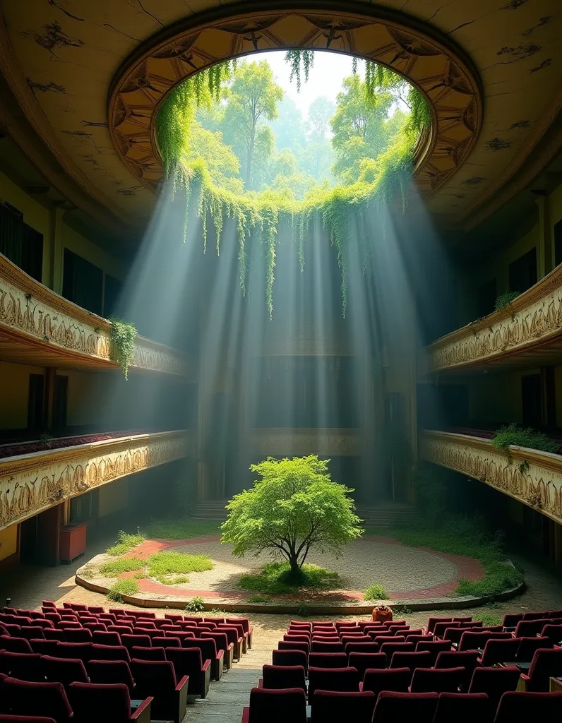 Abandoned Art Deco Theater with Plants - AI generated Architecture & Interiors image (abandoned, art deco, theater)