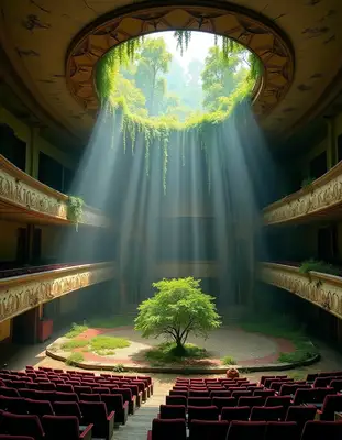 Abandoned Art Deco Theater with Plants