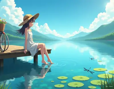 Anime Girl Summer Lake Pier