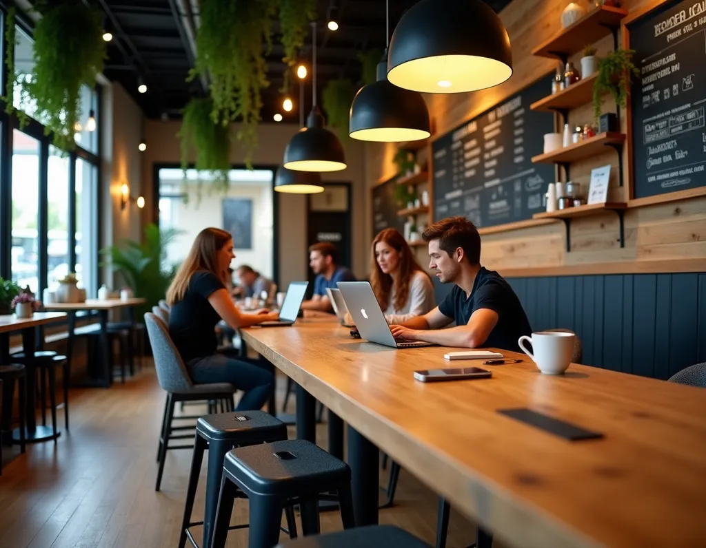 Modern Coffee Shop Remote Work - AI generated Business & Marketing image (coffee shop, remote work, workspace)