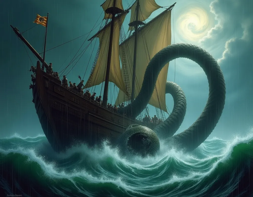 Kraken Attacking Galleon Hurricane - AI generated Fantasy & Sci-Fi image (kraken, sea monster, galleon)