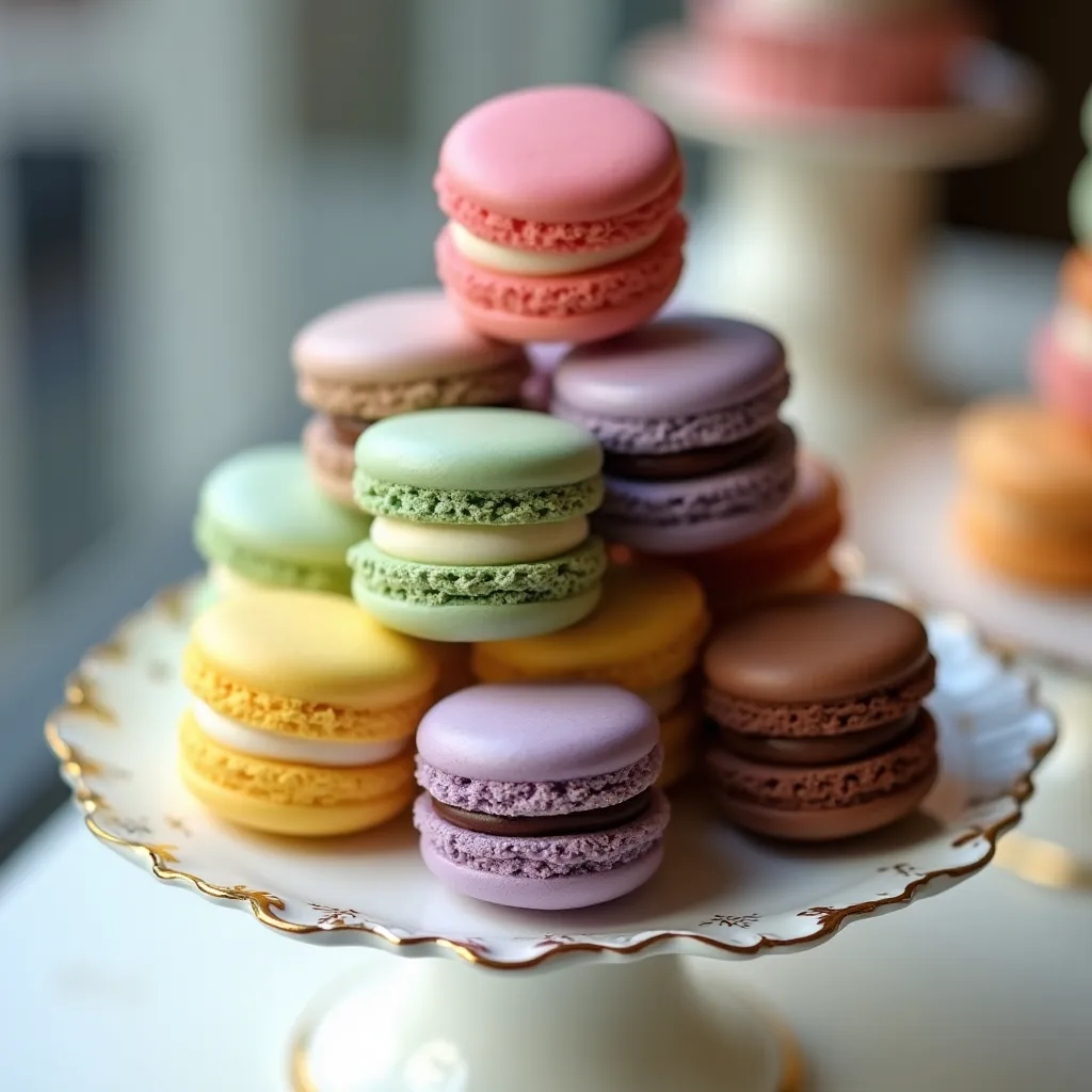 French Macaron Pyramid Display - AI generated Food & Drinks image (macarons, french, patisserie)