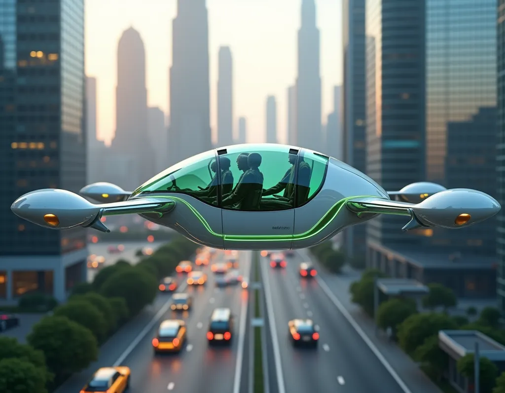 Flying Taxi Over Future City - AI generated Vehicles & Transportation image (flying car, futuristic, concept)