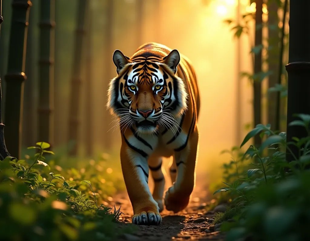 Bengal Tiger in Misty Bamboo Forest - AI generated Animals & Pets image (tiger, wildlife, forest)
