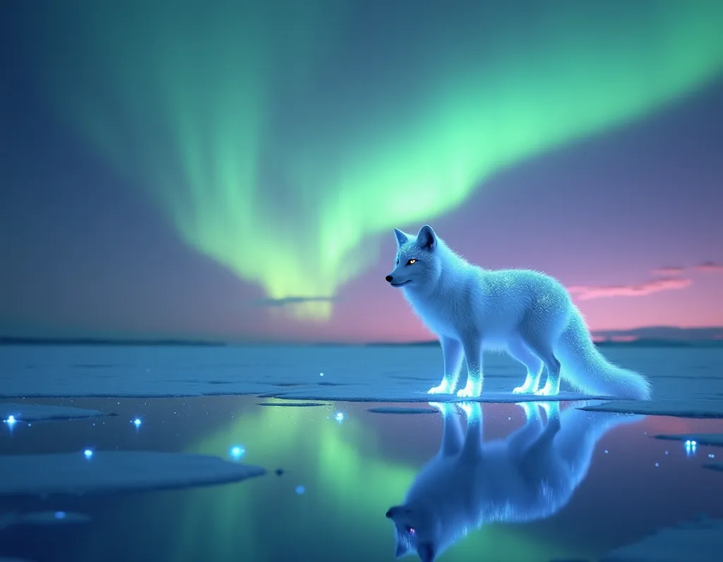 Arctic Fox Under Northern Lights - AI generated Animals & Pets image (arctic fox, aurora, winter)