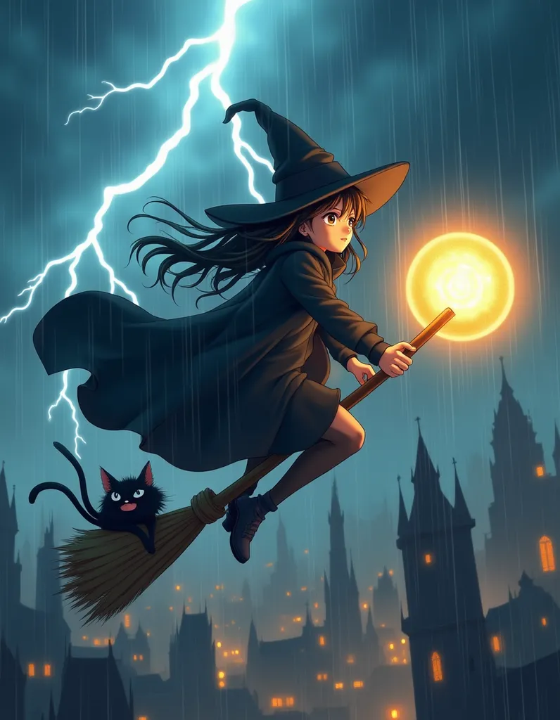 Witch Flying Through Thunderstorm - AI generated Anime & Cartoon image (anime, witch, storm)