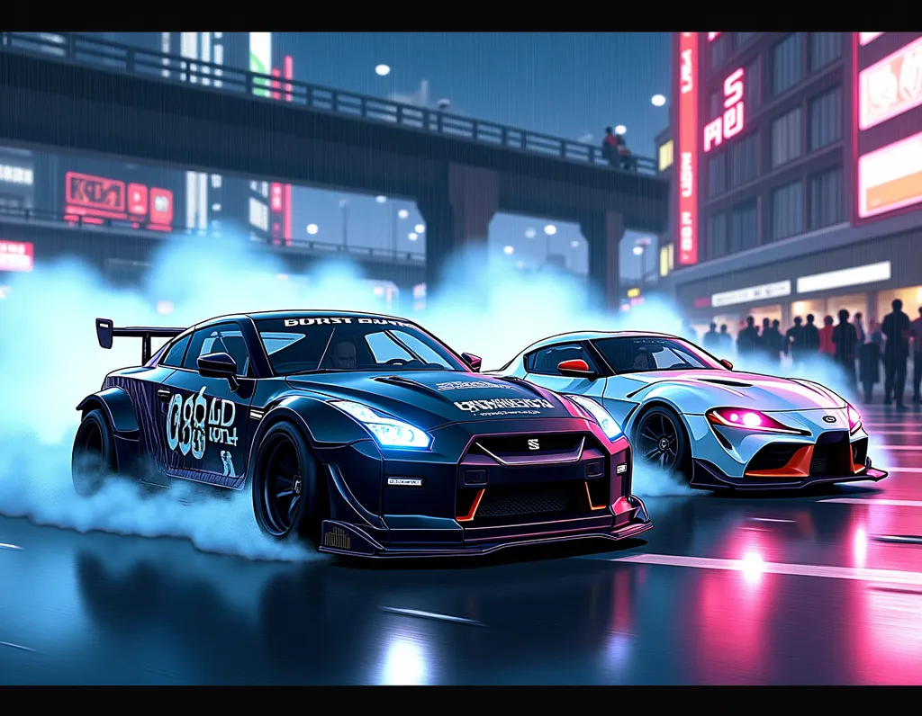 Neon Street Racing Drift Battle - AI generated Anime & Cartoon image (anime, street racing, drift)
