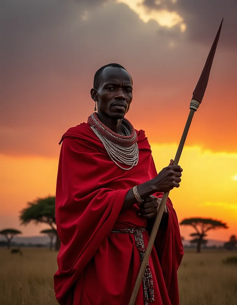 Maasai Warrior at Sunset - AI generated People & Portraits image (maasai, warrior, africa)