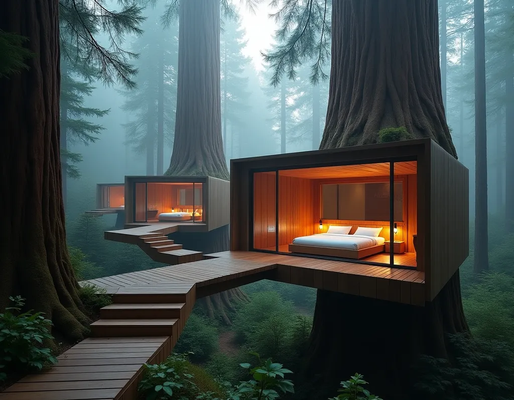 Luxury Treehouse Hotel in Redwoods - AI generated Architecture & Interiors image (treehouse, hotel, luxury)