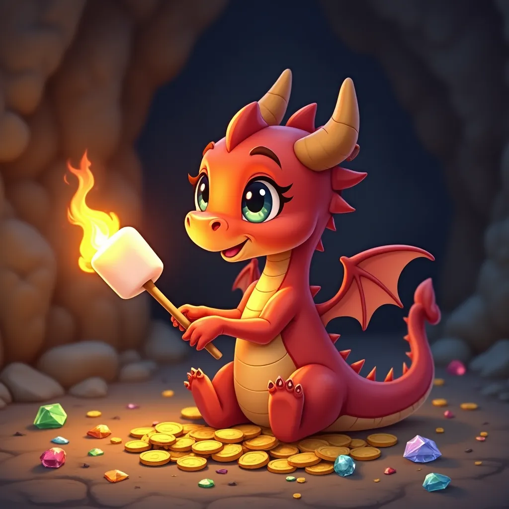 Adorable Baby Dragon with Treasure - AI generated Anime & Cartoon image (dragon, cartoon, cute)