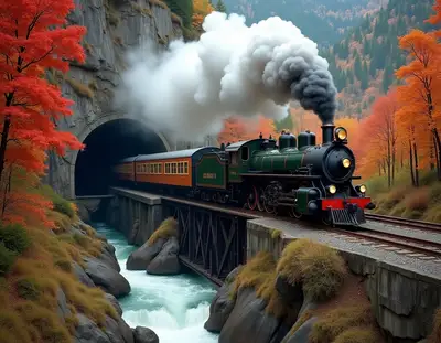 Steam Train Through Autumn Mountains