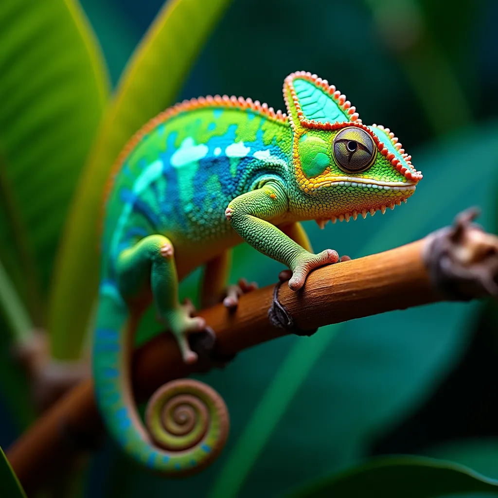 Chameleon on Tropical Flower Branch - AI generated Animals & Pets image (chameleon, reptile, colorful)