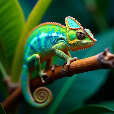 Chameleon on Tropical Flower Branch