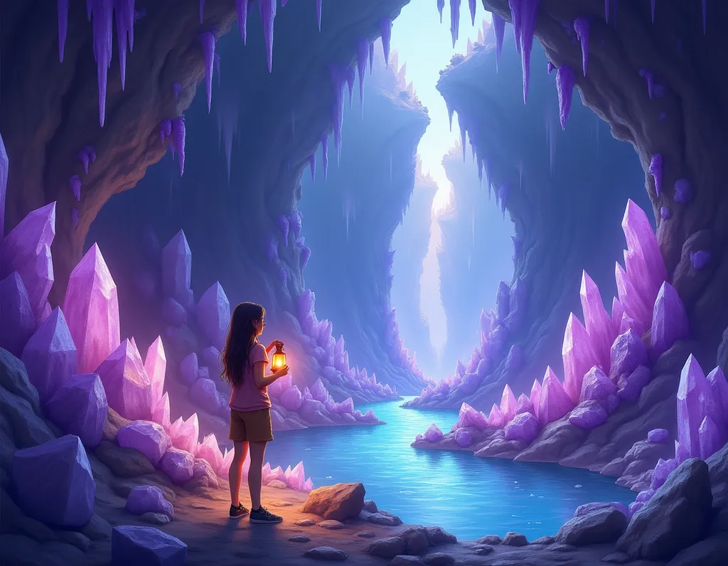 Crystal Cave Underground Explorer - AI generated Fantasy & Sci-Fi image (crystal cave, underground, fantasy)
