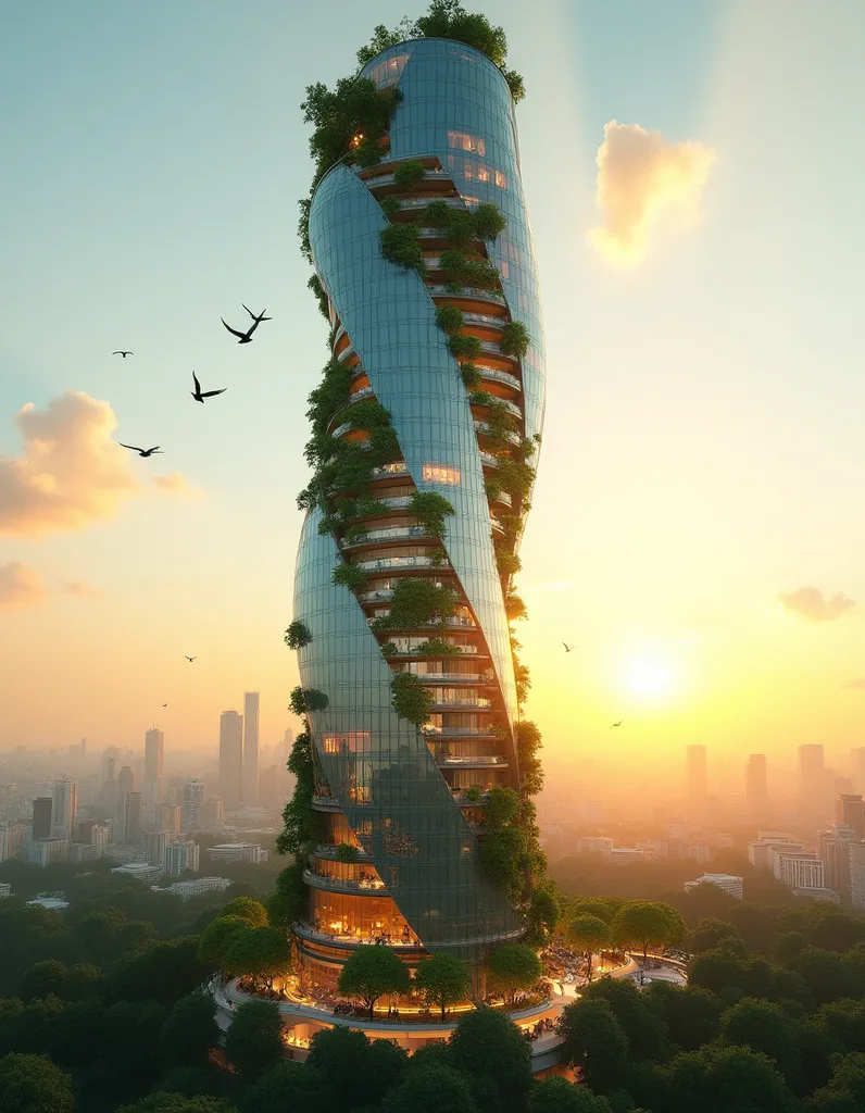 Futuristic Green Skyscraper at Sunset - AI generated Architecture & Interiors image (architecture, futuristic, green building)