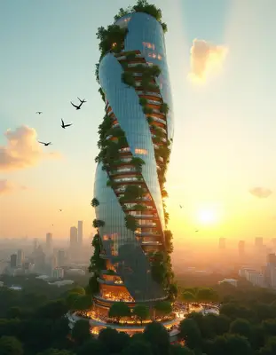 Futuristic Green Skyscraper at Sunset
