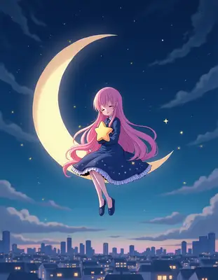 Anime Girl Sitting on Crescent Moon