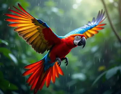 Macaw Parrot in Tropical Flight