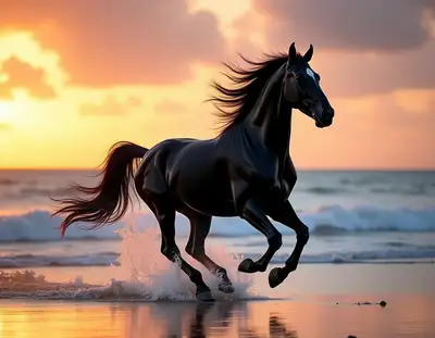 Black Stallion Galloping on Beach