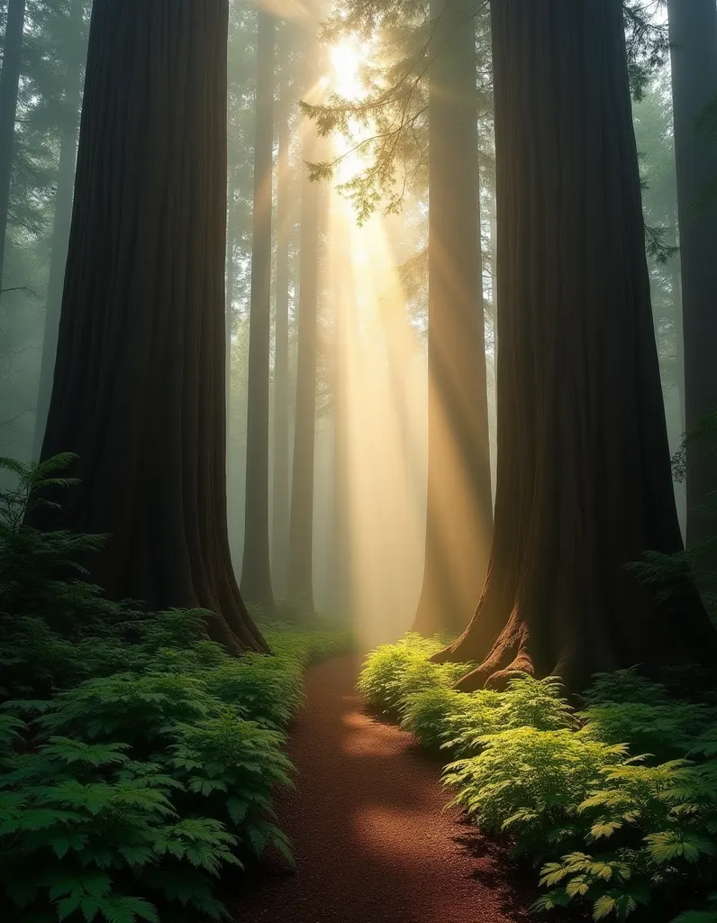 Misty Redwood Forest Trail - AI generated Nature & Landscapes image (redwood, forest, fog)