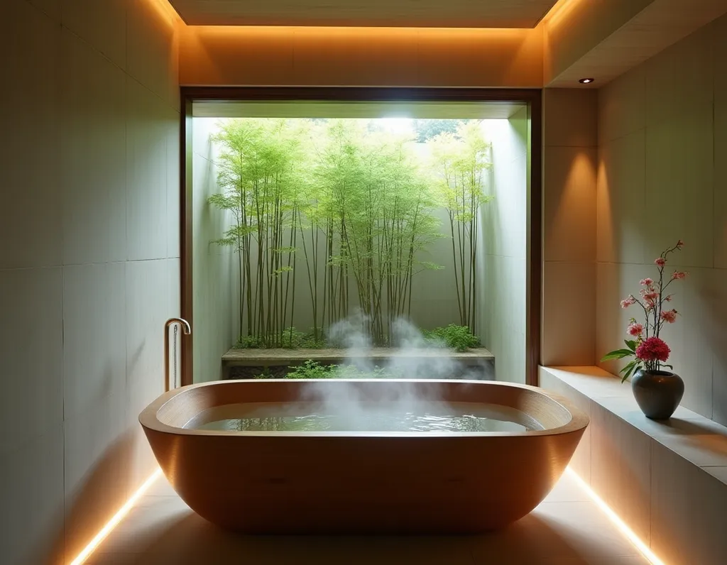 Japanese Hinoki Wood Soaking Bath - AI generated Architecture & Interiors image (japanese, bathroom, minimalist)