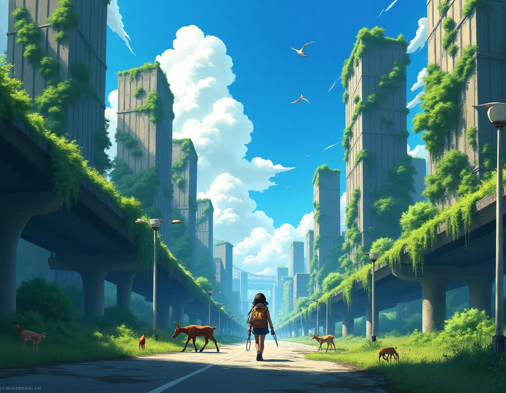 Beautiful Post-Apocalyptic City Nature - AI generated Anime & Cartoon image (anime, post apocalyptic, nature)