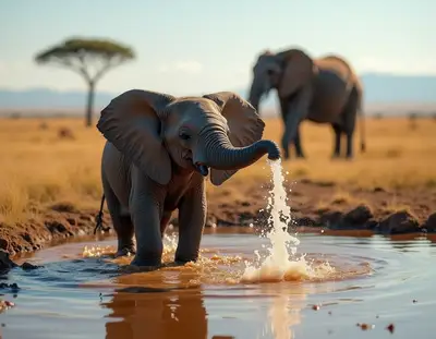 Baby Elephant Playing in Waterhole