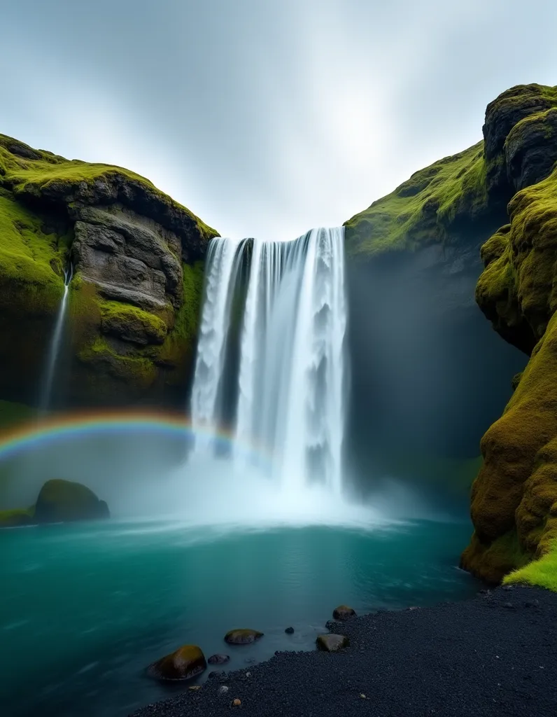 Icelandic Waterfall with Rainbow - AI generated Nature & Landscapes image (iceland, waterfall, rainbow)