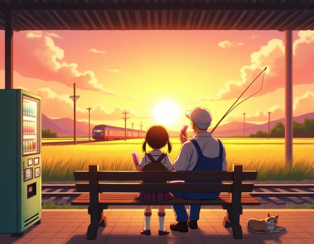 Anime Countryside Station Sunset - AI generated Anime & Cartoon image (anime, countryside, japan)