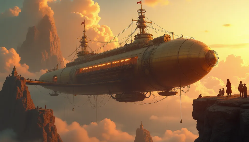 Steampunk Airship at Sky City - AI generated Fantasy & Sci-Fi image (steampunk, airship, sky city)