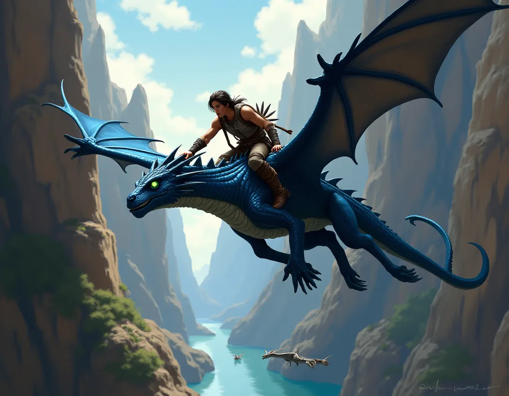 Dragon Rider Canyon Chase - AI generated Fantasy & Sci-Fi image (dragon rider, fantasy, chase)