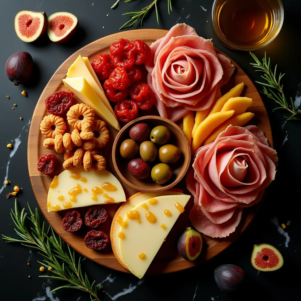 Italian Charcuterie Board Flat-Lay - AI generated Food & Drinks image (charcuterie, italian, food photography)