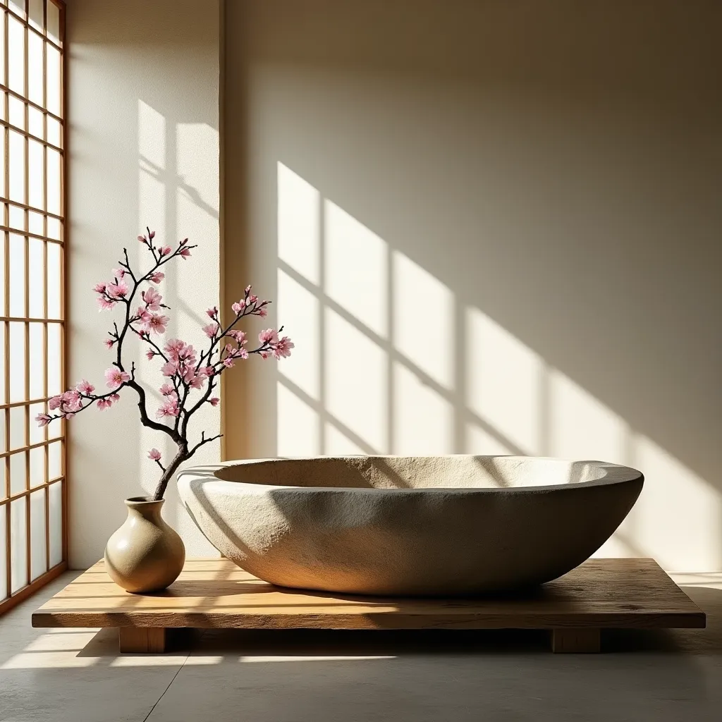 Wabi-Sabi Stone Bathtub Japanese - AI generated Architecture & Interiors image (wabi sabi, japanese, bathroom)