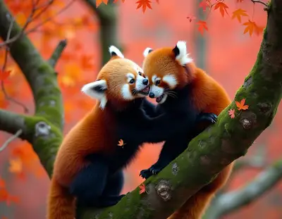 Red Pandas Playing in Autumn Forest